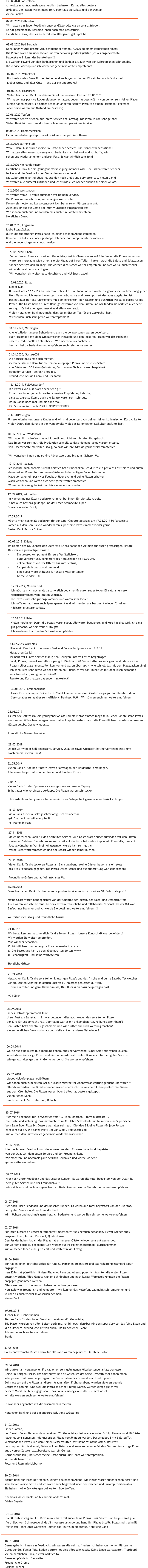 18.01.2018 Gerne gebe ich Ihnen ein Feedback. Wir waren alle sehr zufrieden. Ich habe von meinen G�sten nur  Gutes geh�rt. Feiner Teig, Boden perfekt, es ging alles sehr rassig. Keine lange Wartezeiten. TippTopp! Vielen herzlichen Dank, es war wirklich toll! Gerne empfehle ich Sie weiter. Freundliche Gr�sse Corinne Bucher  04.03.2018 D� 30. Geburtstag am 3.3.18 vo mim Schatz mit super feine Pizzas. Eusi G�scht sind begeisteret gsie.  Au bi liechtem Schneerege sinds g�rn verusse gstande und h�nd ihri Pizzas bstellt. Pizza sind u schn�ll  fertig gsie, ohni langi Warteziet..eifach top, nur zum empfehle. Herzliche Dank  20.03.2018 Besten Dank f�r Ihren Beitragen zu einem gelungenen Abend. Die Pizzen waren super schnell bereit und  sehr lecker. Meine G�ste und ich waren sehr begeistert �ber den raschen und unkomplizierten Ablauf.  Sie haben meine Erwartungen bei weitem �bertroffen.  Nochmals vielen Dank und bis auf ein anderes mal. Adrian Beyeler    21.03.2018 Lieber Roman, der Einsatz Eures Pizzamobils an meinem 70. Geburtstagsfest war ein voller Erfolg. Unsere rund 40 G�ste  haben es sehr genossen, mit knusprigen Pizzas verw�hnt zu werden. Das Angebot 3 mit Salatbuffet,  verschiedenen Pizzas und dem feinen Dessertbuffet l�sst keine W�nsche offen. Das Preis-  Leistungsverh�ltnis stimmt, Deine unkomplizierte und zuvorkommende Art den G�sten die richtige Pizza  aus diversen Zutaten zuzubereiten, war ein Genuss. Gerne werde ich (und sicher meine G�ste auch) Euer Team weiterempfehlen. Mit herzlichem Gruss Peter und Rosmarie Lieberherr 09.04.2018 Wir durften am vergangenen Freitag einen sehr gelungenen Mitarbeitendenanlass geniessen.  Deine knusprigen Pizzas, das Salatbuffet und als Abschluss das feine Dessertbuffet haben einen sehr grossen Teil dazu beigetragen. Die G�ste haben das Essen allesamt sehr gelobt.  Beim Warten auf die Pizzas an diesem traumhaften Fr�hlingsabend wurden viele anregende  Gespr�che gef�hrt. Und weil die Pizzas so schnell fertig waren, wurden einige gleich vor  deinem Mobil im Stehen gegessen .  Das Preis-Leistungs-Verh�ltnis stimmt absolut,  wir alle werden euch gerne weiterempfehlen!  Es war sehr angenehm mit dir zusammenzuarbeiten.  Herzlichen Dank und auf ein anderes Mal, viele Gr�sse Iris  30.05.2018 Holzofenpizzamobil Besten Dank f�r alles alle waren begeistert. LG Sibille Dotoli 07.06.2018 Lieber Kurt, Lieber Roman Besten Dank f�r den tollen Service zu meinem 40. Geburtstag. Die Pizzen wurden von allen Seiten ger�hmt. Ich bin euch dankbar f�r den super Service, das feine Essen und die aufstellte, freundliche Art von euch, uns zu bedienen. Merci. Ich werde euch weiterempfehlen. Daniel  18.06.2018 Wir haben einen Betriebsausflug f�r rund 60 Personen organisiert und das Holzofenpizzamobil daf�r  engagiert. Herr Egle traf p�nktlich mit dem Pizzamobil ein und ebenso p�nktlich konnten die ersten Pizzen  bestellt werden. Alles klappte wie am Schn�rchen und nach kurzer Wartezeit konnten die Pizzen  entgegen genommen werden. Alle waren sehr zufrieden und haben den Anlass genossen. Herr Egle war freundlich und kompetent, wir k�nnen das Holzofenpizzamobil sehr empfehlen und  w�rden es auch wieder in Anspruch nehmen. Vielen Dank    02.07.2018 F�r Ihren Einsatz an unserem Firmenfest m�chten wir uns herzlich bedanken. Es war wieder alles  ausgezeichnet, Termin, Personal, Qualit�t usw. Gem�ss der hohen Anzahl der Pizzas hat es unseren G�sten wieder sehr gut gemundet.  Wir werden gerne zu gegebener Zeit wieder auf Ihr Holzofenpizzamobil zur�ckkommen. Wir w�nschen Ihnen eine gute Zeit und weiterhin viel Erfolg. 08.07.2018 Hier noch unser Feedback und das unserer Kunden. Es waren alle total begeistert von der Qualit�t,  dem guten Service und der Freundlichkeit.   Wir m�chten und nochmals ganz herzlich Bedanken und werde Sie sehr gerne weiterempfehlen 08.07.2018 Hier noch unser Feedback und das unserer Kunden. Es waren alle total begeistert von der Qualit�t,  dem guten Service und der Freundlichkeit.   Wir m�chten und nochmals ganz herzlich Bedanken und werde Sie sehr gerne weiterempfehlen  25.07.2018 Hier noch unser Feedback und das unserer Kunden. Es waren alle total begeistert  von der Qualit�t, dem guten Service und der Freundlichkeit.   Wir m�chten und nochmals ganz herzlich Bedanken und werde Sie sehr  gerne weiterempfehlen 25.07.2018 Hier mein Feedback f�r Partyservice vom 1.7.18 in Embrach, Pfarrhausstrasse 12 Die G�ste sind sich einig, das Pizzamobil zum 30- Jahre Staffelhof- Jubil�um war eine Supersache.  Vom Salat �ber Pizza bis Dessert war alles sehr gut.  Die Idee 2 kleine Pizzas f�r jede Person  kam sehr gut an. Die ganze Party lief von A bis Z reibungslos ab.  Wir w�rden den Pizzaservice jederzeit wieder beanspruchen.    25.07.2018 Liebes Holzofenpizzamobil-Team Wir haben euch zum ersten Mal f�r unsere Mitarbeiter-Abendveranstaltung gebucht und waren v ollends zufrieden. Die Mitarbeitenden waren �berrascht, in welchem Eiltempo Kurt die Pizzen  aus dem Ofen holte. Die Pizzen waren 1A und alles hat bestens geklappt.  Vielen lieben Dank. Raiffeisenbank Z�ri-Unterland, B�lach  06.08.2018 Wollte nur eine kurze R�ckmeldung geben, alles hervorragend, super Salat mit feinen Saucen,  wunderbare knusprige Pizzen und ein Hammerdessert, vielen Dank auch f�r den guten Service.  Wie gesagt, alles gestimmt! Gerne werde ich Sie weiter empfehlen. 05.09.2018 Liebes Holzofenpizzamobil Team Unser Fest am Samstag, 1.9., war gelungen, dies auch wegen den sehr feinen Pizzen,  die J�rg f�r uns gemacht hat. �berhaupt war es ein unkomplizierter, reibungsloser Ablauf! Den G�sten hat's ebenfalls geschmeckt und wir durften f�r Euch Werbung machen! Vielen herzlichen Dank nochmals und vielleicht ein anderes Mal wieder!  21.09.2018 Herzlichen Dank f�r die sehr feinen knusprigen Pizza's und das frische und bunte Salatbuffet welches  wir am letzten Sonntag anl�sslich unseres FC-Anlasses geniessen durften. Es war ein toller und gem�tlicher Anlass, DANKE dass du dazu beigetragen hast.  FC B�lach 21.09.2018 Wir bedanken uns ganz herzlich f�r die feinen Pizzas.  Unsere Kundschaft war begeistert!   Wir werden Sie weiter empfehlen. Was wir sehr sch�tzten: �  P�nktlichkeit und eine gute Zusammenarbeit ����� �  Die Bestellung kam zu den abgemachten Zeiten ����� �  Schnelligkeit  und keine Wartezeiten �����  Herzliche Gr�sse  16.10.2018 Ganz herzlichen Dank f�r den hervorragenden Service anl�sslich meines 60. Geburtstages!!!  Meine G�ste waren hellbegeistert von der Qualit�t der Pizzen, des Salat- und Dessertbuffets. Auch waren wir sehr erfreut �ber das extrem freundliche und hilfsbereite Personal das vor Ort war. Einfach nur Hammer und ich werde Sie bestimmt weiterempfehlen!!!!  Weiterhin viel Erfolg und freundliche Gr�sse  27.11.2018 Vielen Dank f�r die leckeren Pizzas am Samstagabend. Meine G�sten haben mir ein stets  positives Feedback gegeben. Die Pizzas waren lecker und die Zubereitung war sehr schnell!   Freundliche Gr�sse und auf ein n�chstes Mal.  27.11.2018 Vielen herzlichen Dank f�r den perfekten Service. Alle G�ste waren super zufrieden mit den Pizzen  sowie den Salaten. Die sehr kurze Wartezeit auf die Pizza hat vielen imponiert. Ebenfalls, dass auf  Spezialw�nsche im Vorhinein eingegangen wurde kam sehr gut an. Werde Euch weiterempfehlen und bei Bedarf wieder selber buchen.  16.03.2019 Viel� Dank f�r eui� Isatz gescht�r Abig. Isch wunderbar gsi. Chan eui nur wiiterempfehl�. PS: Hamm�r Pizza. 2.04.2019 Vielen Dank f�r den Spuerservice von gestern an unserer Tagung. Es hat alles wie vereinbart geklappt. Die Pizzen waren sehr lecker.  Ich werde ihren Partyservice bei eine n�chsten Gelegenheit gerne wieder ber�cksichtigen. 22.05.2019 Vielen Dank f�r deinen Einsatz letzten Samstag in der Waldh�tte in Mellingen.  Alle waren begeistert von den feinen und frischen Pizzas.   28.05.2019 Ja ich war wieder hell begeistert, Service, Qualit�t sowie Quantit�t hat hervorragend gestimmt!  Noch einmal vielen Dank! 26.06.2019 Es war wie letztes Mal ein gelungener Anlass und die Pizzas einfach mega fein. Jeder konnte seine Pizzas  nach seinen W�nschen belegen lassen. Alles klappte bestens, auch die Freundlichkeit wurde von unseren  G�sten gelobt. Gerne wieder....  Freundliche Gr�sse Jeannine  05.09.2019, Kriens Im Namen des OK-Jahresessen 2019 AWB Kriens danke ich vielmals f�r euren grossartigen Einsatz. Das war ein grossartiger Einsatz. �         Ein grosses Kompliment f�r eure Verl�sslichkeit, �         gute Vorbereitung, schlagfertiges Herausgeben ab 16.00 Uhr, �         unkompliziert von der Offerte bis zum Schluss, �         Sympathisch und zuvorkommend �         Eine super Wertsch�tzung f�r unsere Mitarbeitenden �         Gerne wieder� JJJ 30.06.2019, Emmenbr�cke Unser Fest war super. Deine Pizzas/Salat kamen bei unseren G�sten mega gut an, ebenfalls dein  Service alles ruhig aber sehr effizient, Dankesch���n. Wir k�nnen euch nur weiterempfehlen. 14.07.2019 W�renlos Hier mein Feedback zu unserem Fest und Eurem Partyservice am 7.7.19: Herzlichen Dank! Ihr habt mit Eurem Service zum guten Gelingen unseres Festes beigetragen! Salat, Pizzas, Dessert war alles super gut. Die knapp 70 G�ste hatten es sehr gesch�tzt, dass sie die  Pizzas selber zusammenstellen konnten und waren �berrascht, wie schnell das mit dem Pizzabacken ging! Ich kann Euch sehr gerne weiter empfehlen: P�nktlich vor Ort, p�nktlich mit dem Essen begonnen �  sehr freundlich, ruhig und effizient! Renate und Kurt hatten das super hingekriegt!   17.08.2019 Uster Vielen herzlichen Dank, die Pizzas waren super, alle waren begeistert, und Kurt hat dies wirklich ganz  gut gemacht, war ein voller Erfolg!!!  Ich werde euch auf jeden Fall weiter empfehlen 05.09.2019, M�nchaltorf Ich m�chte mich nochmals ganz herzlich bedanke f�r euren super tollen Einsatz an unserem  Neuzuz�geranlass vom letzten Samstag. Die Pizzas sind sehr gut angekommen und waren sehr lecker. Ich hoffe es hat Ihnen auch Spass gemacht und wir melden uns bestimmt wieder f�r einen  n�chsten gr�sseren Anlass.  17.09.2019 M�chte mich nochmals bedanken f�r die super Geburtstagspizza am 17.08.2019 80 Partyg�ste  kamen auf den Genuss von wunderbaren super feine Pizzas immer wieder gerne Besten Dank Patrick Sutter   17.09.2019, Winterthur Im Namen meiner Eltern bedanke ich mich bei Ihnen f�r die tolle Arbeit. Es hat alles bestens geklappt und das Essen schmeckte super. Es war ein voller Erfolg. 12.10.2019, Zuzwil Ich m�chte mich nochmals recht herzlich bei dir bedanken. Ich durfte ein geniales Fest feiern und durch  deine feinen Pizzen hatten meine G�ste auch den n�tigen Boden bekommen.   Habe von allen ein positives Feedback �ber dich und deine Pizzen erhalten.  Mach weiter so und werde dich sehr gerne weiter empfehlen. W�nsche dir eine gute Zeit und bis ein andermal wieder. 04.12.2019 Au W�denswil Wir haben Ihr Holzofenpizzamobil bestimmt nicht zum letzten Mal gebucht! Das Essen war sehr gut, die Produktion schnell, so dass niemand lange warten musste. Von unserer Seite ein voller Erfolg, so dass wir Ihre Adresse gerne weiterempfehlen.  Wir w�nschen Ihnen eine sch�ne Adventszeit und bis zum n�chsten Mal.   7.12.2019 Sulgen Unsere Mitarbeiter, unsere Kinder und wir sind begeistert von deinen feinen kulinarischen K�stlichkeiten!!  Vielen Dank, dass du uns in die wundervolle Welt der italienischen Esskultur entf�hrt hast. 18.12.2019, Full/Unterdorf Die Pizzsas von Kurt waren sehr sehr gut. Er hat das Super gemacht weiter so meine Empfehlung habt ihr, ganz ganz grosse Klasse auch die Salate waren sehr sehr gut. Drum Danke noch mal und bis dann mal. PS: Gruss an Kurt noch SSSUUUPPPPEEEERRRRR 01.01.2020, Gossau/ZH Die Adresse muss man sich merken!  Vielen herzlichen Dank f�r die feinen knusprigen Pizzas und frischen Salate. Alle G�ste zum 30 igsten Geburtstagsfest unserer Tochter waren begeistert. Schneller Service - einfach alles Top.  Freundliche Gr�sse Hanny und Urs Kamm 08.01.2020, Matzingen Alle Mitglieder unserer Beh�rde und auch die Lehrpersonen waren begeistert.  Euer Pizzamobil mit dem sympathischen Pizzaiolo und den leckeren Pizzen war das Highlight  unseres traditionellen Chlaush�cks. Wir m�chten uns nochmals  herzlich bei dir bedanken und empfehlen euch sehr gerne weiter.  15.01.2020, Illnau Lieber Kurt Du warst am 27.12.2019 an unserem Geburi-Fest in Illnau und ich wollte dir gerne eine R�ckmeldung geben. Mein Mann und ich waren begeistert, wie reibungslos und unkompliziert das alles abgelaufen ist.  Das hat alles perfekt funktioniert mit dem einrichten, den Salaten und p�nktlich war alles bereit f�r die  Pizzen. Die G�ste haben durchs Band geschw�rmt von den Pizzen und wir fanden sie wirklich auch sehr  sehr gut. Es hat allen geschmeckt und alle waren satt.  Vielen herzlichen Dank nochmals, dass du an diesem Tag f�r uns �gekocht� hast!  Wir werden Euch sehr gerne weiterempfehlen! 20.01.2020, Cham Deinen/euren Ensatz an meinem Geburtstagsfest in Cham war super! Alle fanden die Pizzas lecker und  waren sehr erstaunt wie schnell sie die Pizzas auf ihren Tellern hatten. Auch die Salate und Salatsaucen  fanden sehr grossen Anklang. Wir werden dich sicher weiter empfehlen und wer weiss, auch wieder  ein ander Mal ber�cksichtigen.  Wir w�nschen dir weiter gute Gesch�fte und viel Spass dabei. 26.01.2020, Engwilen Liebe Pizzab�cker, durch die superfeinen Pizzas habe ich einen sch�nen Abend geniessen  K�nnen . Es hat alles Super geklappt. Ich habe nur Komplimente bekommen  und die gebe ich gerne an euch weiter. . 10.2.2020 Weisslingen Wir waren von A � Z v�llig zufrieden mit Deinem Service. Die Pizzas waren sehr fein, keine langen Wartezeiten. Deine sehr nette und kompetente Art kam bei unseren G�sten sehr gut. Auch das ihr auf die G�ste bei ihren W�nschen eingegangen bist. Wir k�nnen euch nur und werden dies auch tun, weiterempfehlen. Herzlichen Dank. 22.2.2020 Kleinandelfingen Herzlichen Dank f�r die gelungene Verk�stigung meiner G�ste. Die Pizzen waren seeeehr  lecker und die Feedbacks der G�ste dementsprechend.  Die Zubereitung verlief z�gig, es standen noch Chilis und Servietten z.V. Vielen Dank!  Wir waren alle �usserst zufrieden und ich w�rde euch wieder buchen f�r einen Anlass.  26.2.2020 Sarmenstorf Wow... Dank Kurt waren meine 56 G�ste super bedient. Die Pizzen war sensationell.  Wir hatten alles ausser zuwenig&#55357&#56860 Ich bedanke mich bei Kurt und ich hoffe, wir  sehen uns wieder an einem anderen Fest. Es war wirklich sehr fein!  06.06.2020 Hombrechtikon Es hat wunderbar geklappt. Markus ist sehr sympathisch.Danke. 20.06.2020 Teufen Wir waren sehr zufrieden mit Ihrem Service am Samstag. Die Pizza wurde sehr gelobt! Vielen Dank f�r den freundlichen, schnellen und perfekten Service. 01.07.2020 Hosenruck Vielen herzlichen Dank f�r deinen Einsatz an unserem Fest am 28.06.2020. Wir haben nur positive R�ckmeldungen erhalten. Jeder hat geschw�rmt von deinen sehr feinen Pizzen. Einige haben gesagt, sie h�tten schon an anderen Festern Pizza von einem Pizzamobil gegessen  aber deine waren mit Abstand am Besten:-) 09.07.2020 Volketswil Nochmals vielen Dank f�r den feinen und auch sympathischen Einsatz bei uns in Volketswil.  Lieber Gruss und alles Gute... und auf ein anderes Mal 03.08.2020 Bad Zurzach Dank Ihnen wurde unsere Schulschlussfeier vom 02.7.2020 zu einem gelungenen Anlass. Die Pizzen waren suuuper lecker und von hervorragender Qualit�t (ich als angeheiratete  Napoletanerin kann das beurteilen)!!! Sie wurden sowohl von den Sch�lerinnen und Sch�ler als auch von den Lehrpersonen sehr gelobt. Ihr Service war top und ich werde Sie jederzeit weiterempfehlen!! 07.08.2020 F�llanden Wir hatten ein Super Feedback unserer G�ste. Alle waren sehr zufrieden.  Es hat geschmeckt. Schreibe Ihnen noch eine Bewertung.  Herzlichen Dank, dass es auch mit den Allergikern geklappt hat. 23.08.2020 Bonstetten Ich wollte mich nochmals ganz herzlich bedanken! Es hat alles bestens geklappt. Die Pizzen waren mega fein, ebenfalls die Salate und der Dessert.  Vielen Dank!!